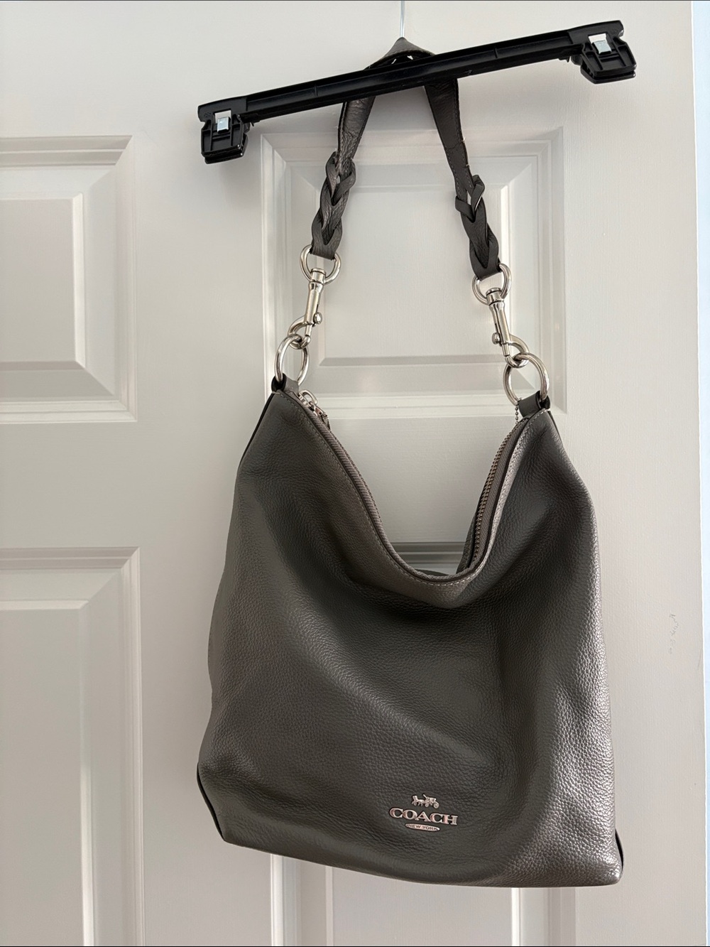 Coach Pebbled Leather Hobo Bag - Charcoal Gray with Silver Hardware